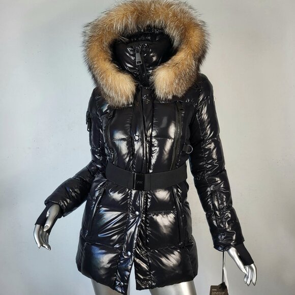 Women's winter warm Black Puffer Jacket with Fur Trim - Picture 11 of 17